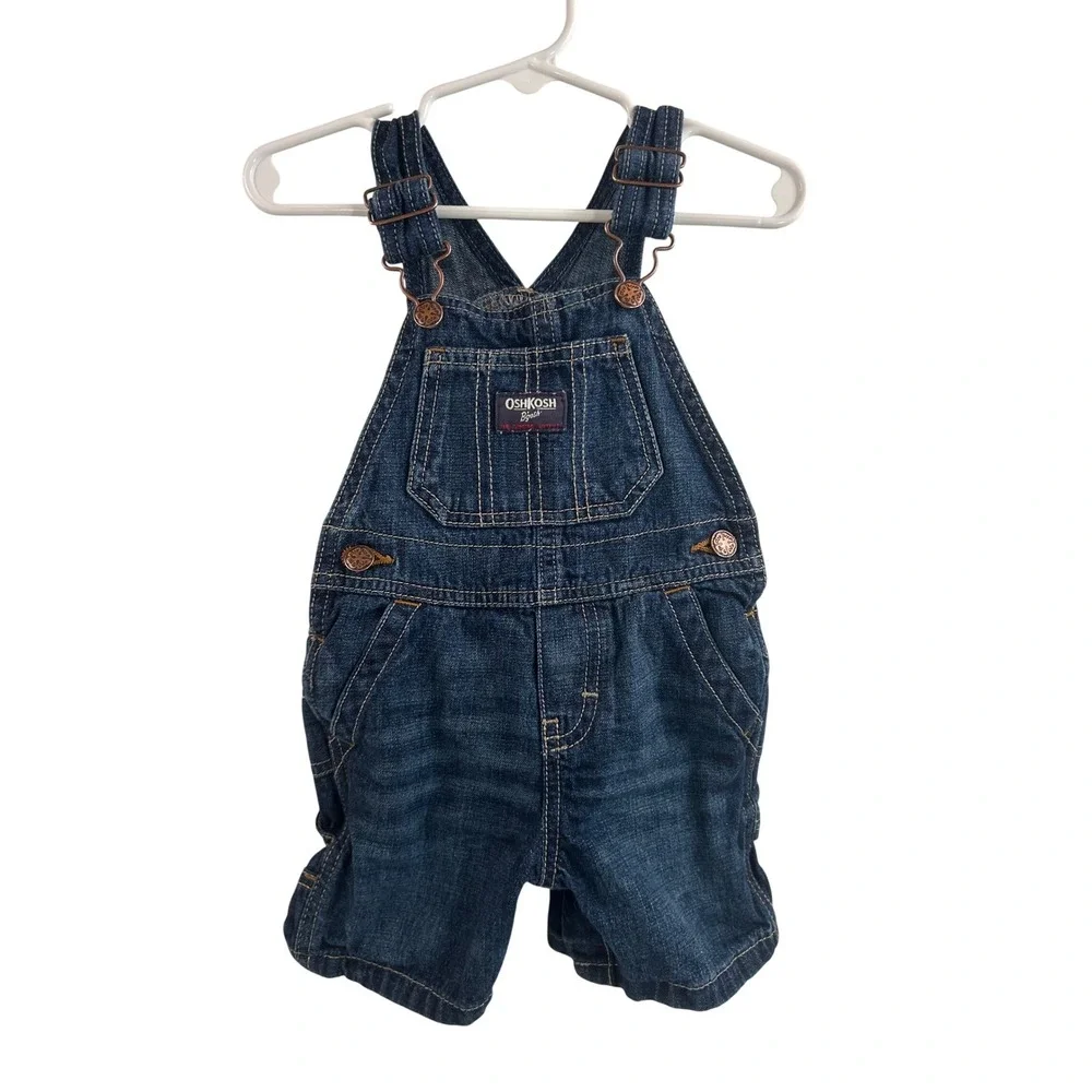 OshKosh B'gosh Denim Shortalls 12M Dark Wash Adjustable Straps Kids Overalls